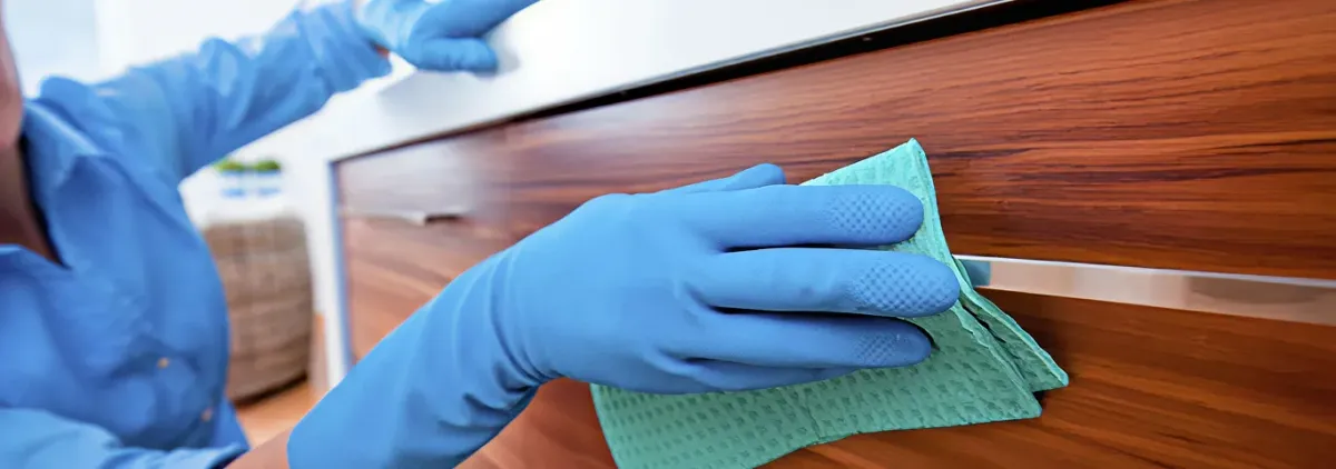 Cleaner wearing blue gloves wiping a wooden cabinet drawer with a microfiber cloth for dust and grime removal, Lowell, MA.